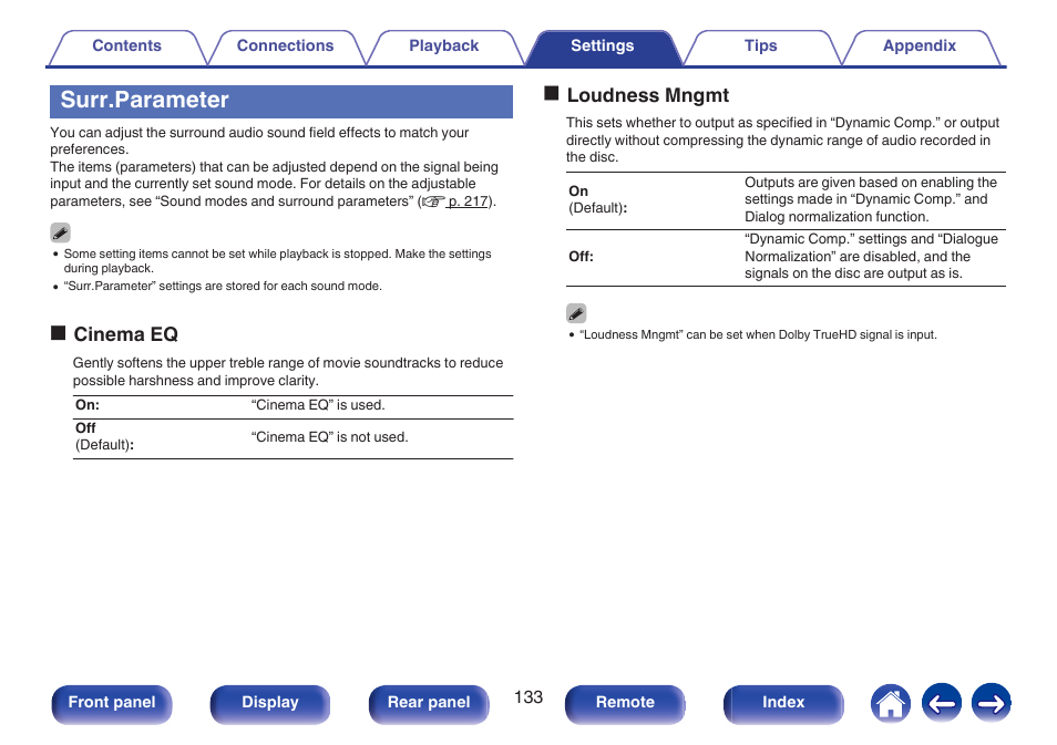Surr.parameter, V p. 133), Ocinema eq | Oloudness mngmt | Marantz NR1506 User Manual | Page 133 / 249