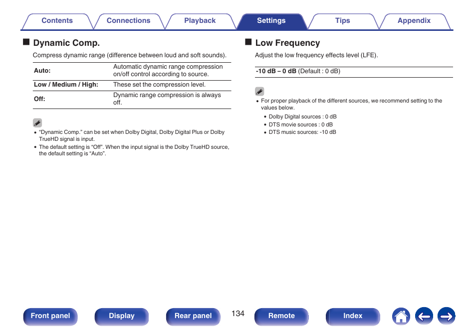 Odynamic comp, Olow frequency | Marantz NR1506 User Manual | Page 134 / 249