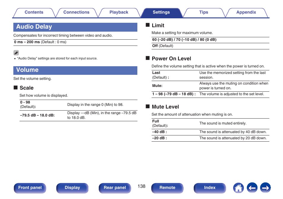Audio delay, Volume | Marantz NR1506 User Manual | Page 138 / 249