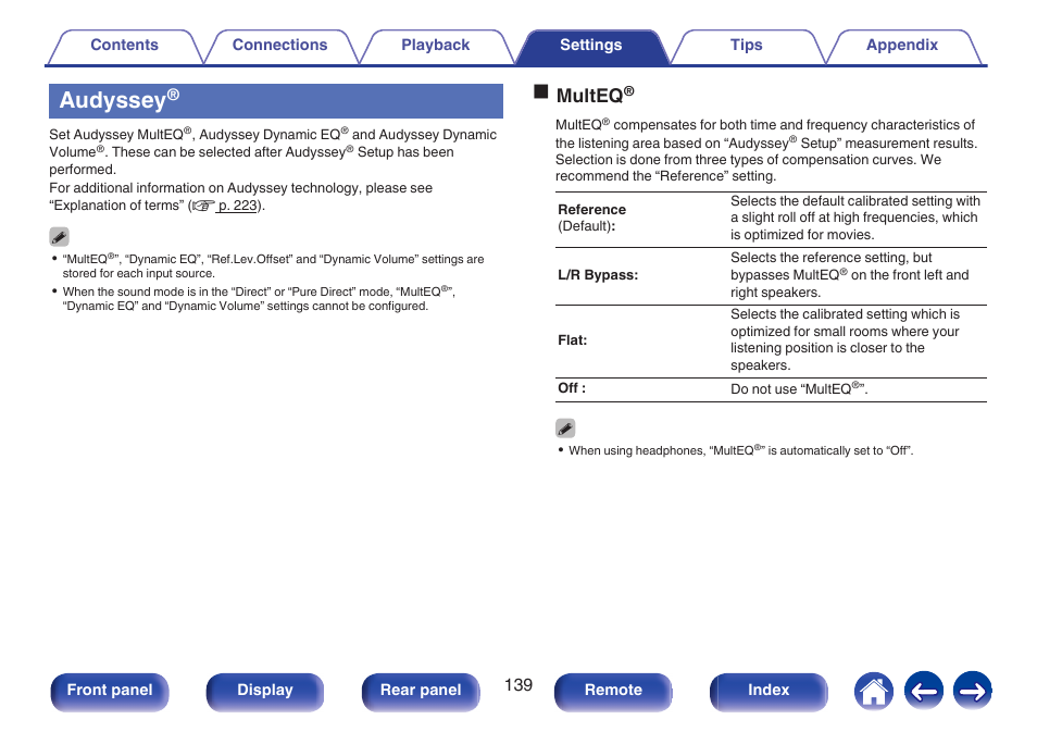 Audyssey, Been set up. (v p. 139), V p. 139) | O multeq | Marantz NR1506 User Manual | Page 139 / 249