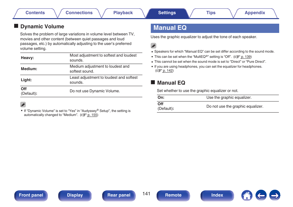 Manual eq, Dynamic volume (v p. 141), Manual eq (v p. 141) | Odynamic volume, Omanual eq | Marantz NR1506 User Manual | Page 141 / 249