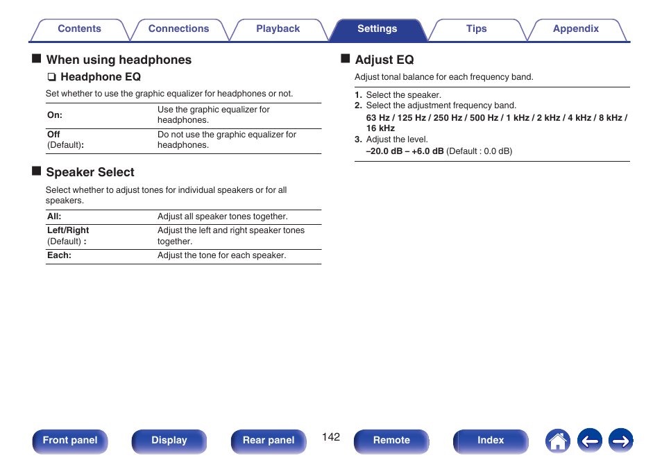 V p. 142), Owhen using headphones, Ospeaker select | Oadjust eq | Marantz NR1506 User Manual | Page 142 / 249