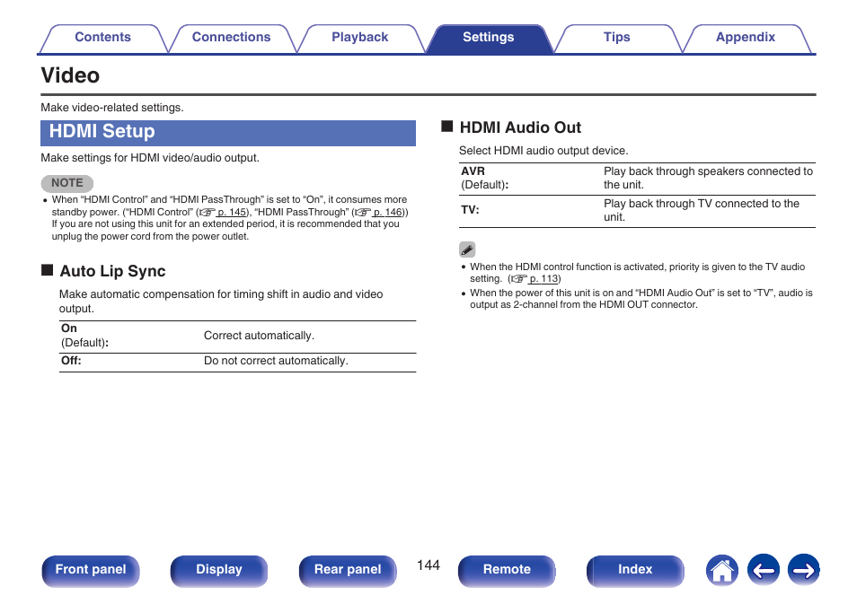 Video, Hdmi setup, Is set to “tv”. (v p. 144) | Oauto lip sync, Ohdmi audio out | Marantz NR1506 User Manual | Page 144 / 249