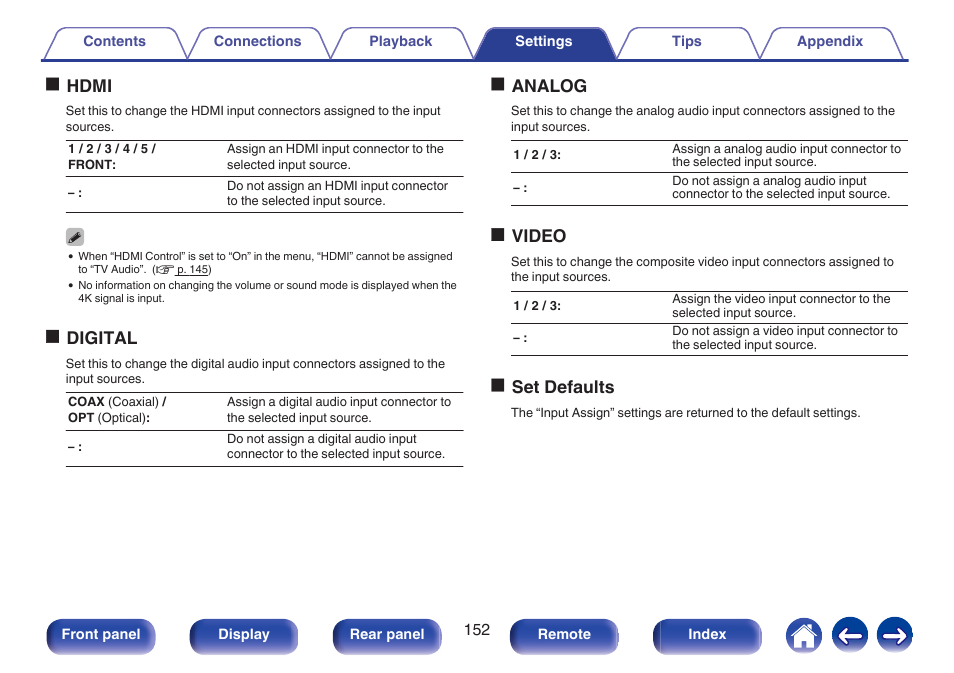 Standby. (v p. 152), Ohdmi, Odigital | Oanalog, Ovideo, Oset defaults | Marantz NR1506 User Manual | Page 152 / 249