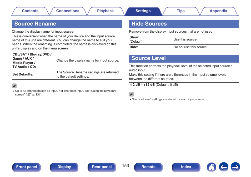 Source rename, Hide sources, Source level | Source rename (v p. 153) | Marantz NR1506 User Manual | Page 153 / 249
