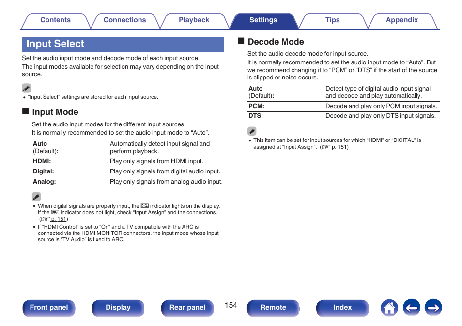 Input select, Source. (v p. 154), V p. 154) | Oinput mode, Odecode mode | Marantz NR1506 User Manual | Page 154 / 249