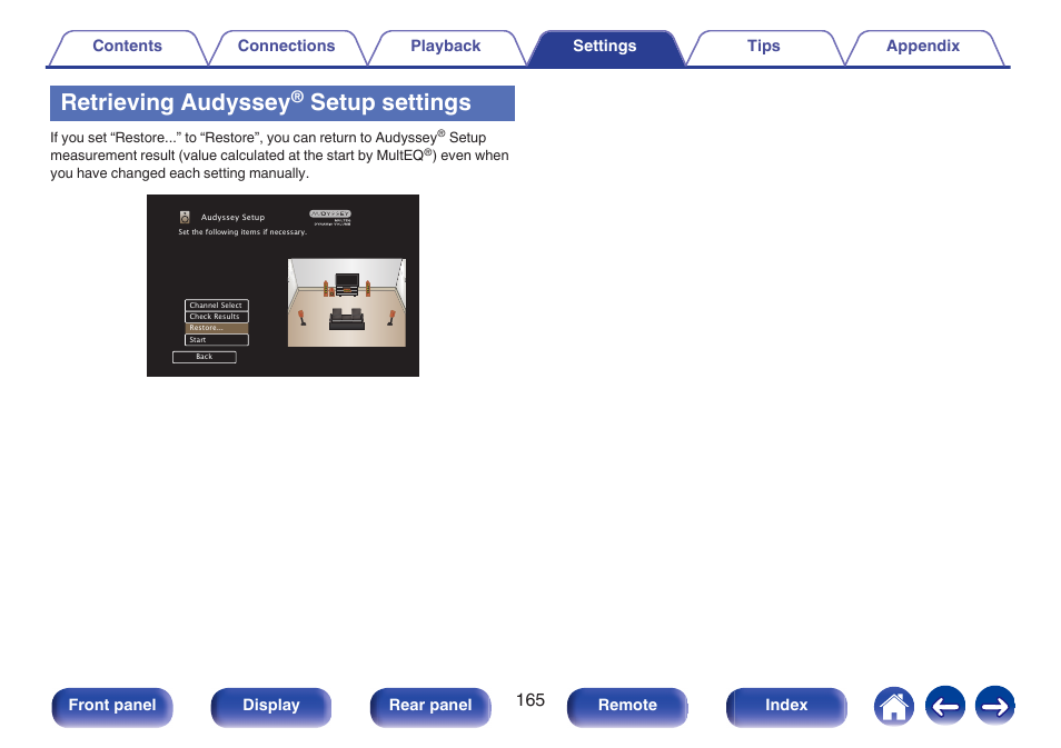 Retrieving audyssey, Setup settings | Marantz NR1506 User Manual | Page 165 / 249