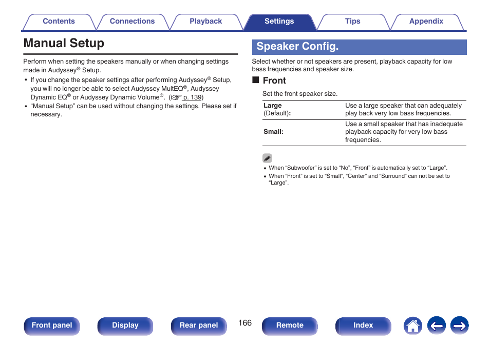 Manual setup, Speaker config, Ofront | Marantz NR1506 User Manual | Page 166 / 249