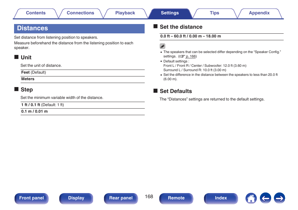 Distances | Marantz NR1506 User Manual | Page 168 / 249