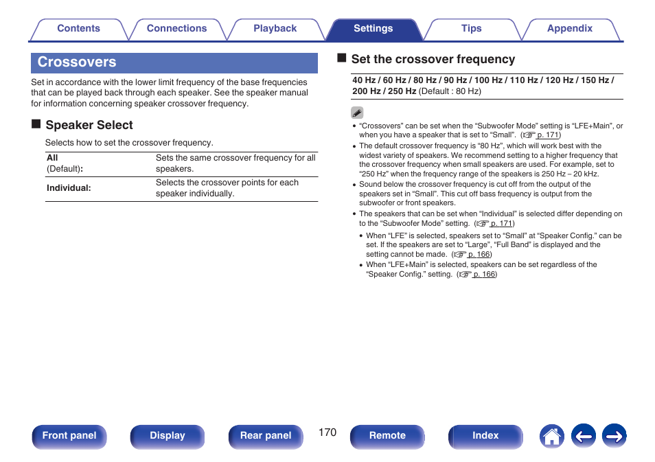 Crossovers, Ospeaker select, Oset the crossover frequency | Marantz NR1506 User Manual | Page 170 / 249