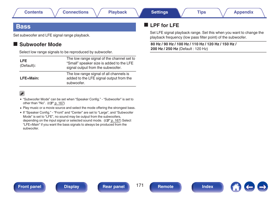 Bass, Subwoofer mode” is set to “lfe+main”. (v p. 171), V p. 171) | Osubwoofer mode, Olpf for lfe | Marantz NR1506 User Manual | Page 171 / 249