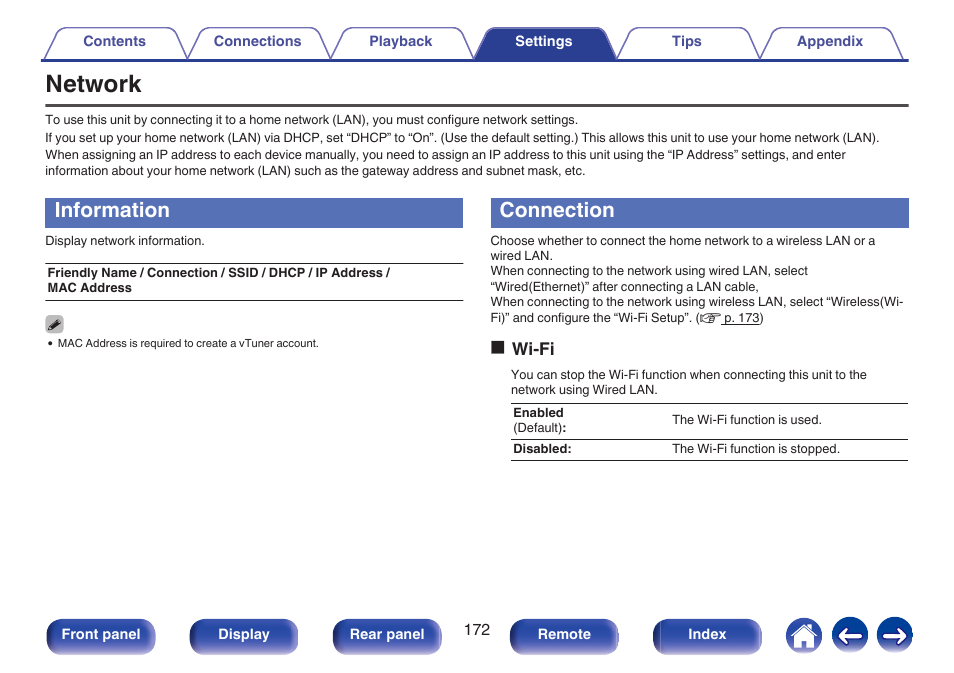 Network, Information, Connection | Ip address, etc. in “network”. (v p. 172), V p. 172), Information” ( v p. 172)) | Marantz NR1506 User Manual | Page 172 / 249