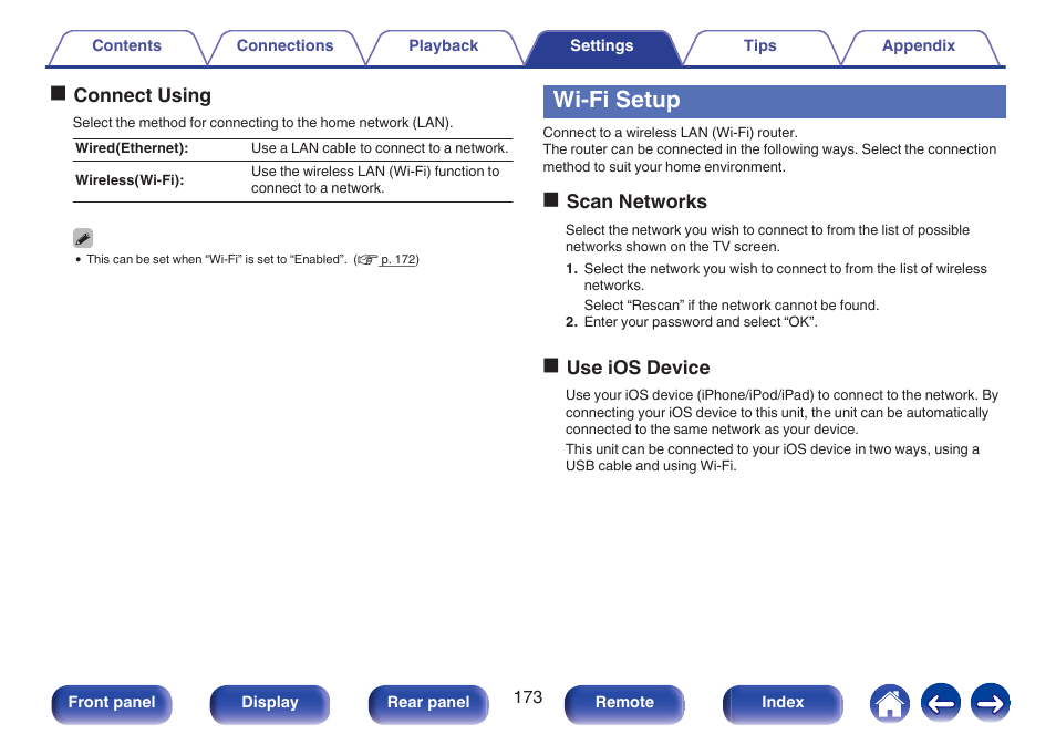 Wi-fi setup, V p. 173), Fi)” and configure the “wi-fi setup”. (v p. 173) | Marantz NR1506 User Manual | Page 173 / 249