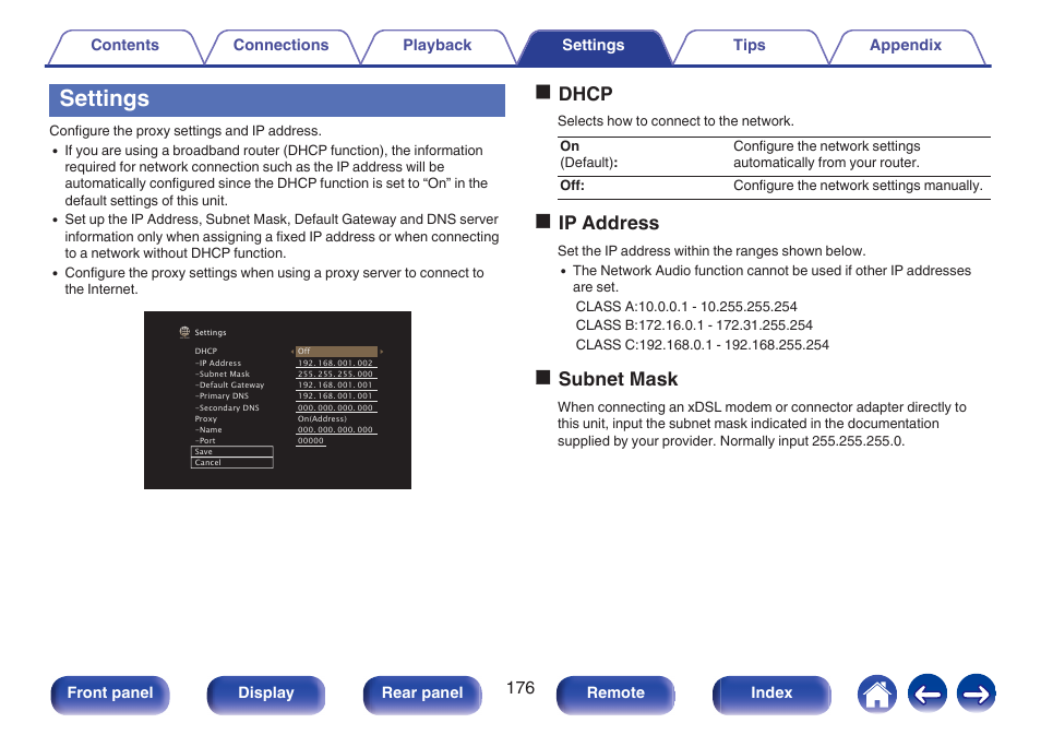 Settings, Odhcp, Oip address | Osubnet mask | Marantz NR1506 User Manual | Page 176 / 249