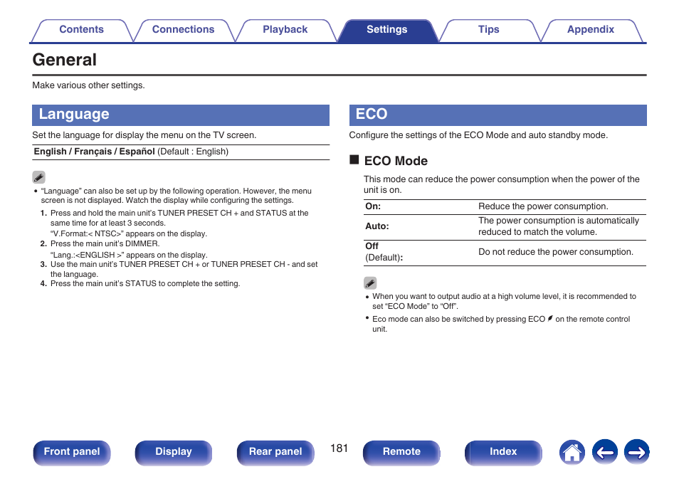General, Language, V p. 181) | Oeco mode | Marantz NR1506 User Manual | Page 181 / 249