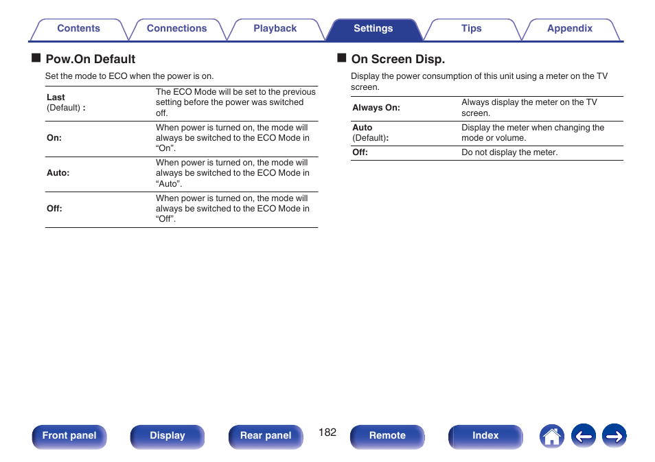 Opow.on default, Oon screen disp | Marantz NR1506 User Manual | Page 182 / 249