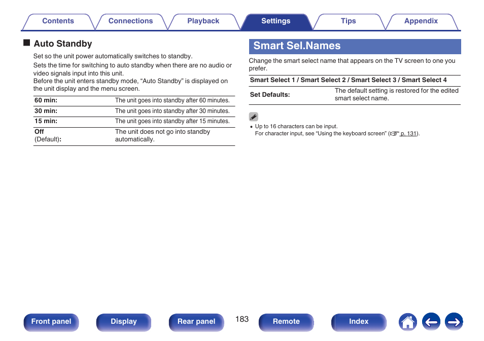 Smart sel.names, Smart sel.names” (v p. 183), Oauto standby | Marantz NR1506 User Manual | Page 183 / 249