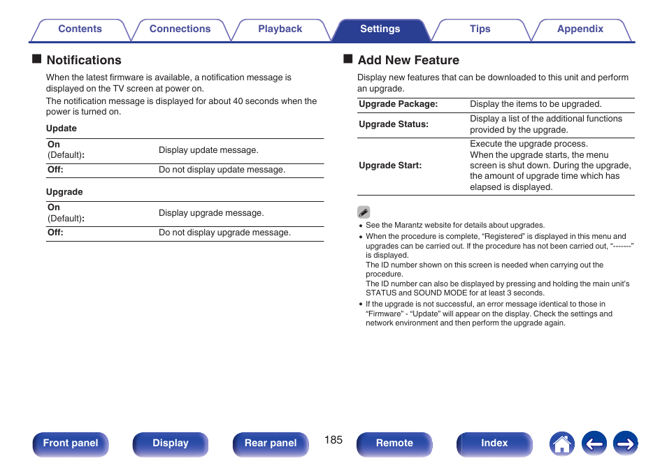 Onotifications, Oadd new feature | Marantz NR1506 User Manual | Page 185 / 249