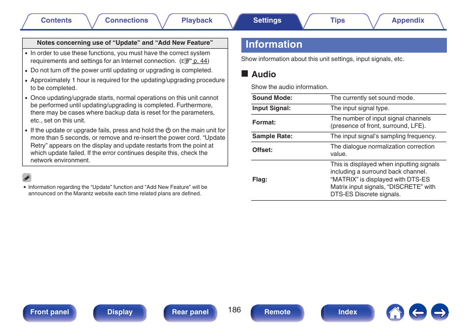 Information, Oaudio | Marantz NR1506 User Manual | Page 186 / 249