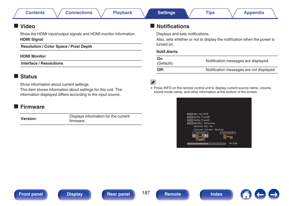 Ovideo, Ostatus, Ofirmware | Onotifications, Front panel display rear panel remote index | Marantz NR1506 User Manual | Page 187 / 249