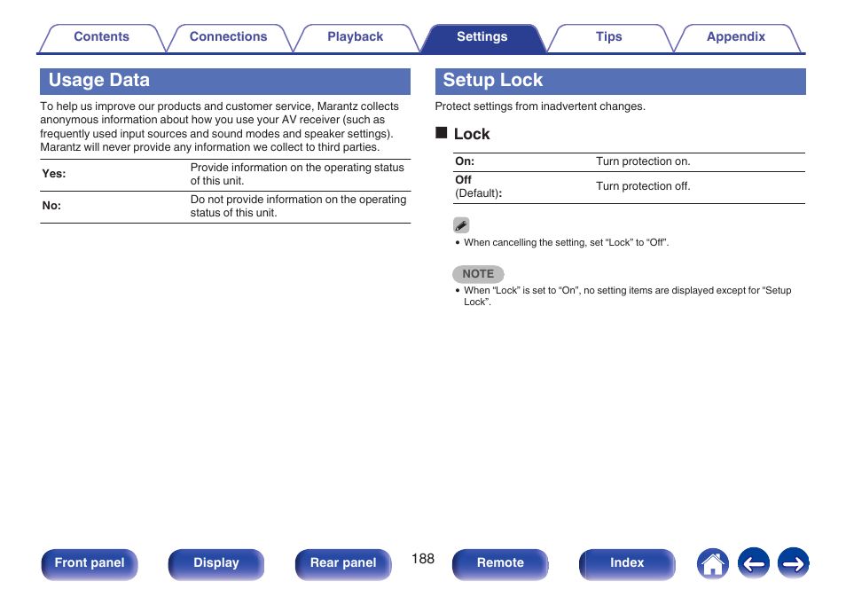 Usage data, Setup lock, Olock | Marantz NR1506 User Manual | Page 188 / 249