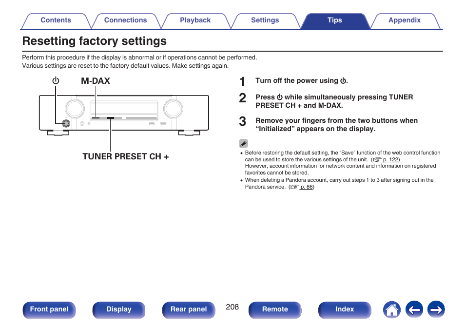 Resetting factory settings | Marantz NR1506 User Manual | Page 208 / 249