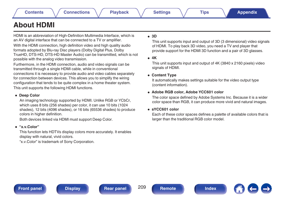 Appendix, About hdmi | Marantz NR1506 User Manual | Page 209 / 249