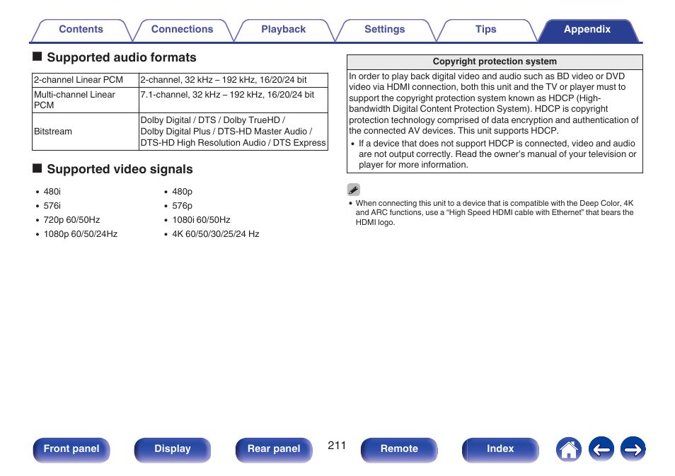 Osupported audio formats, Osupported video signals | Marantz NR1506 User Manual | Page 211 / 249