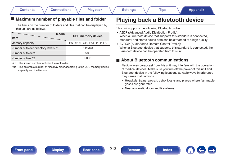 Playing back a bluetooth device, Omaximum number of playable files and folder, O about bluetooth communications | Marantz NR1506 User Manual | Page 213 / 249