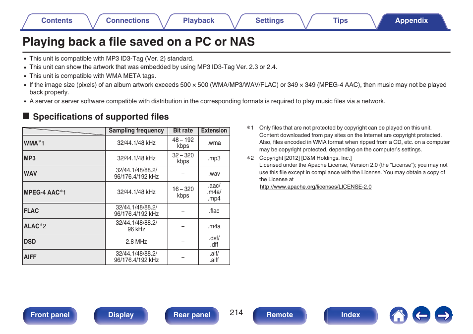 Playing back a file saved on a pc or nas, Nas” (v p. 214), Ospecifications of supported files | Marantz NR1506 User Manual | Page 214 / 249