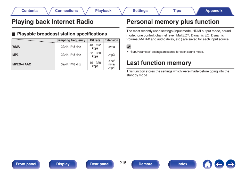 Playing back internet radio, Personal memory plus function, Last function memory | See “playing an internet radio station” (v p. 215), O playable broadcast station specifications | Marantz NR1506 User Manual | Page 215 / 249