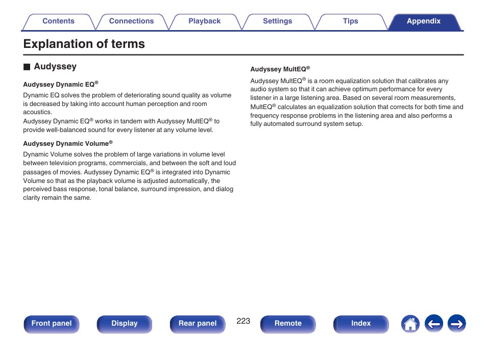 Explanation of terms, Explanation of terms” (v p. 223), O audyssey | Marantz NR1506 User Manual | Page 223 / 249