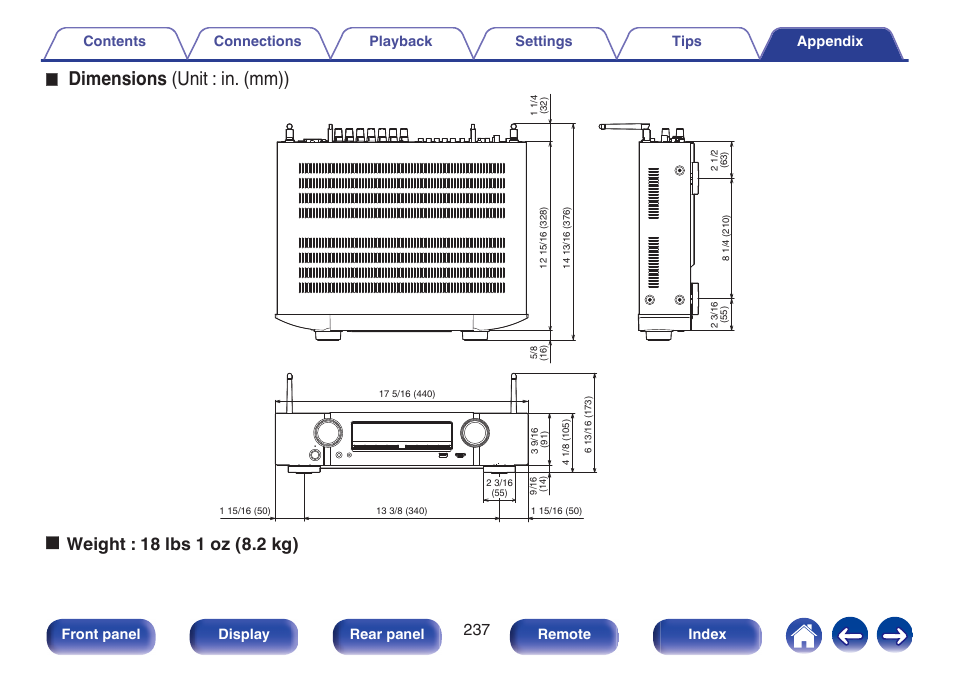 Dimensions (unit : in. (mm)) | Marantz NR1506 User Manual | Page 237 / 249