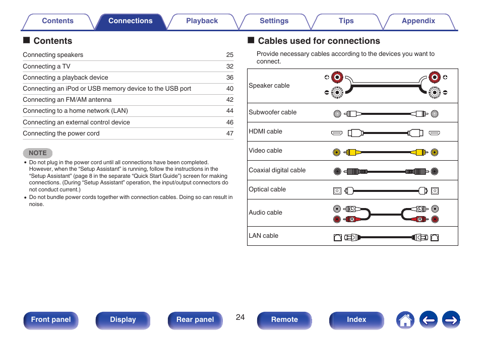 Connections, Ocontents, Ocables used for connections | Marantz NR1506 User Manual | Page 24 / 249