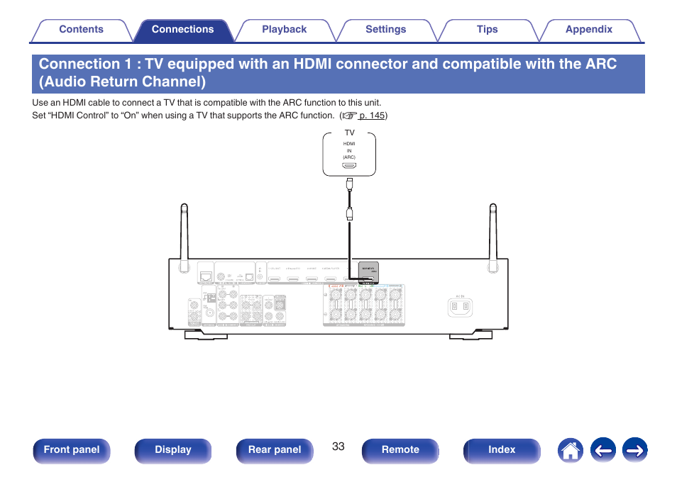 Compatible with the arc (audio return channel), Connection 1 : tv equipped with an hdmi, Connector and compatible with the arc (audio | Return channel)” ( v p. 33) | Marantz NR1506 User Manual | Page 33 / 249