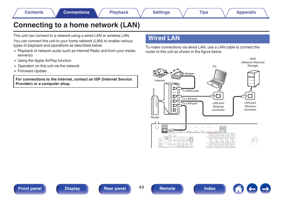 Connecting to a home network (lan), Wired lan, Network. (v p. 44) | Marantz NR1506 User Manual | Page 44 / 249