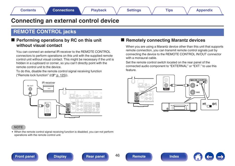 Connecting an external control device, Remote control jacks, V p. 46) | Marantz NR1506 User Manual | Page 46 / 249