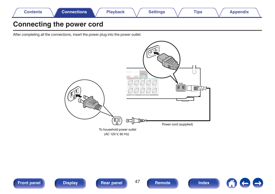 Connecting the power cord, V p. 47) | Marantz NR1506 User Manual | Page 47 / 249