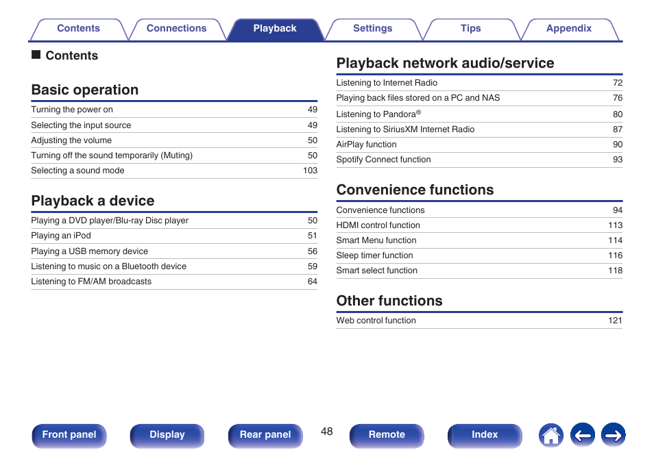 Playback, Basic operation, Playback a device | Playback network audio/service, Convenience functions, Other functions, Ocontents | Marantz NR1506 User Manual | Page 48 / 249