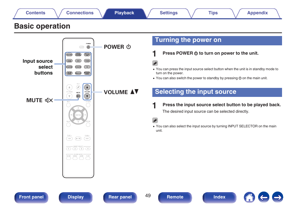 Basic operation, Turning the power on, Selecting the input source | V p. 49), This selects the input source. (v p. 49), These selects the input source. (v p. 49) | Marantz NR1506 User Manual | Page 49 / 249