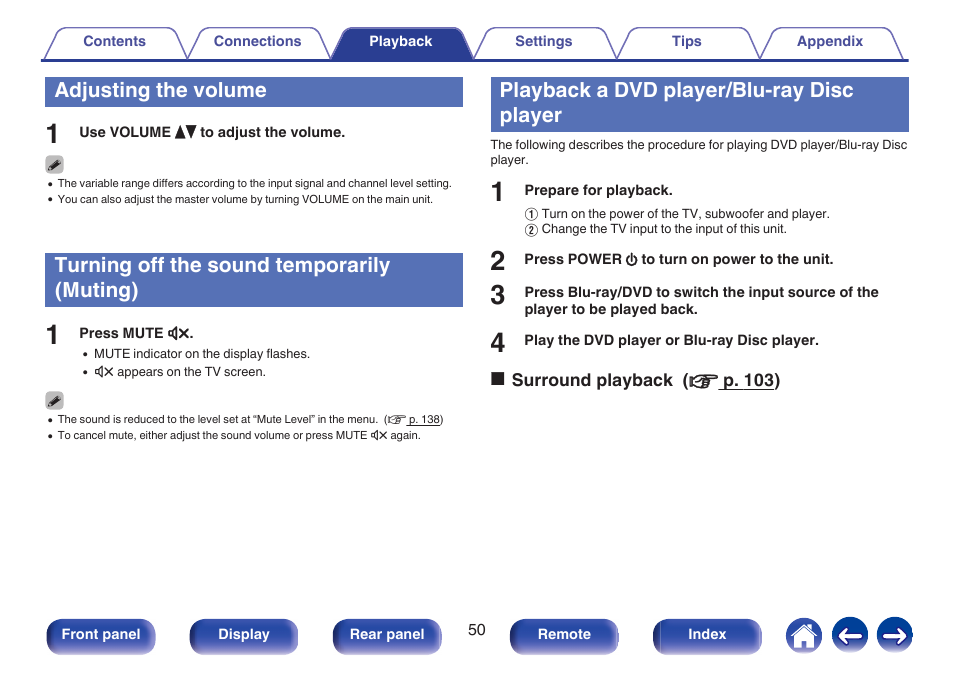 Adjusting the volume, Turning off the sound temporarily (muting), Playback a dvd player/blu-ray disc player | V p. 50), This blinks while the sound is muted. (v p. 50), This mutes the output audio. (v p. 50) | Marantz NR1506 User Manual | Page 50 / 249