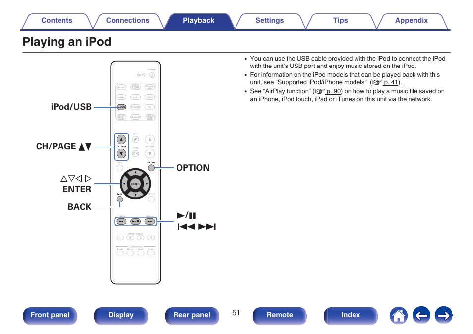 Playing an ipod, V p. 51) or “playing a usb memory device | Marantz NR1506 User Manual | Page 51 / 249