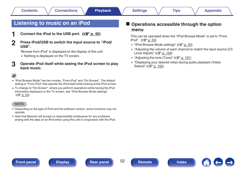 Listening to music on an ipod | Marantz NR1506 User Manual | Page 52 / 249