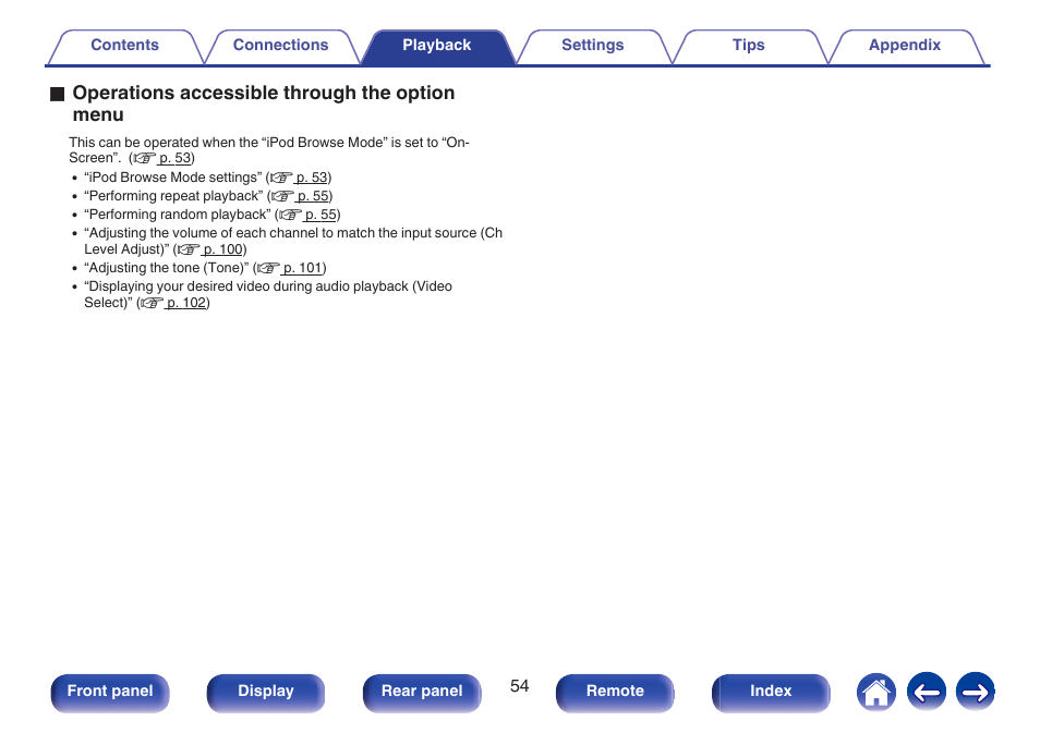 O operations accessible through the option menu | Marantz NR1506 User Manual | Page 54 / 249