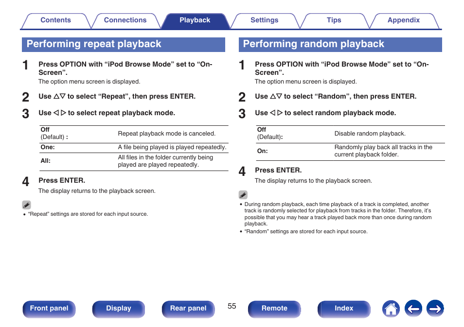 Performing repeat playback, Performing random playback, Performing repeat playback” (v p. 55) | Performing random playback” (v p. 55) | Marantz NR1506 User Manual | Page 55 / 249