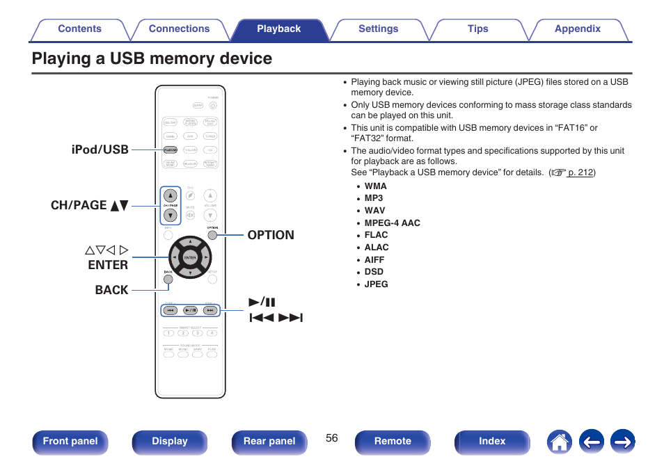 Playing a usb memory device, V p. 56) | Marantz NR1506 User Manual | Page 56 / 249