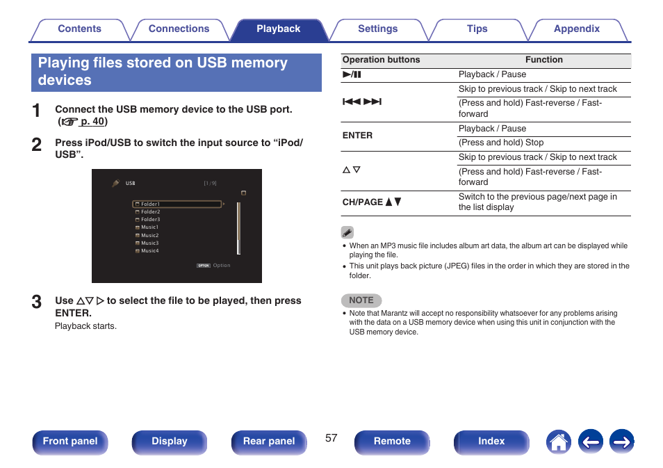 Playing files stored on usb memory devices | Marantz NR1506 User Manual | Page 57 / 249