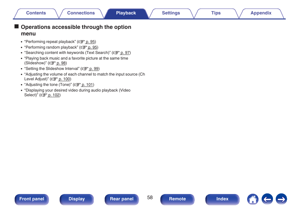 Ooperations accessible through the option menu | Marantz NR1506 User Manual | Page 58 / 249