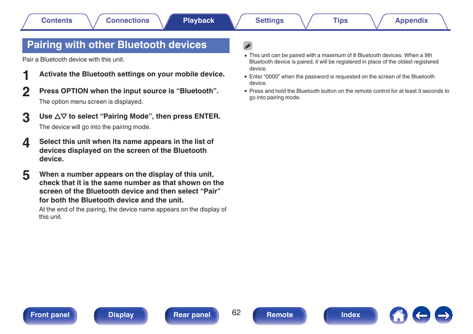 Pairing with other bluetooth devices, Pairing with other bluetooth devices” (v p. 62) | Marantz NR1506 User Manual | Page 62 / 249