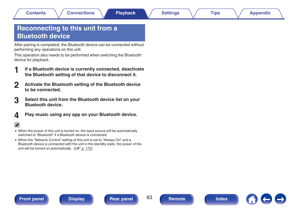 Reconnecting to this unit from a bluetooth device | Marantz NR1506 User Manual | Page 63 / 249